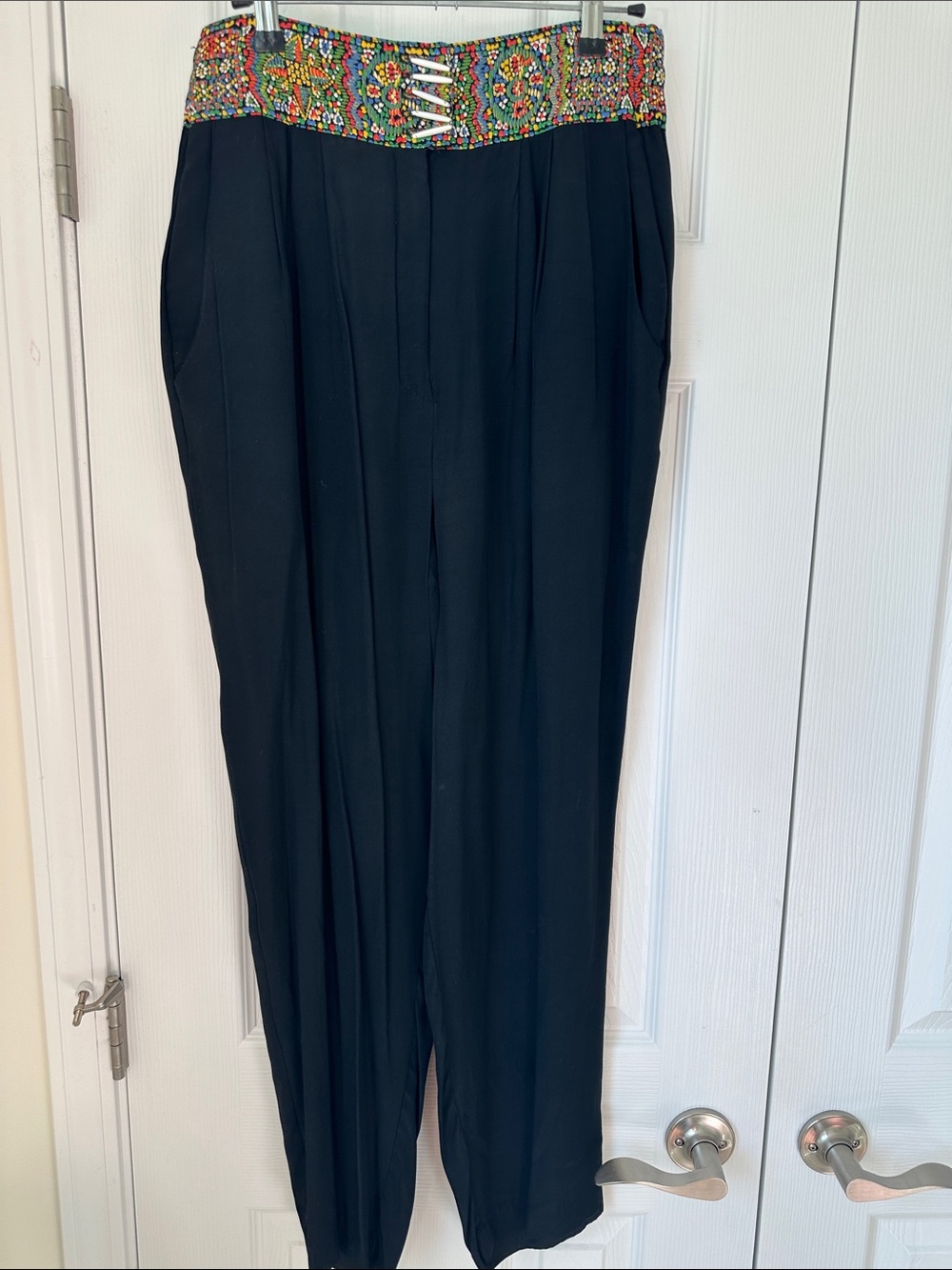 Vintage Black Straight-Leg Pants with Colorful Embroidered Waistband
